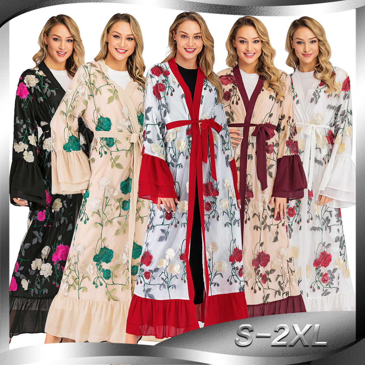 European And American Fashion Muslim Cardigan Hot Style Middle East Embroidery Stitching Abaya