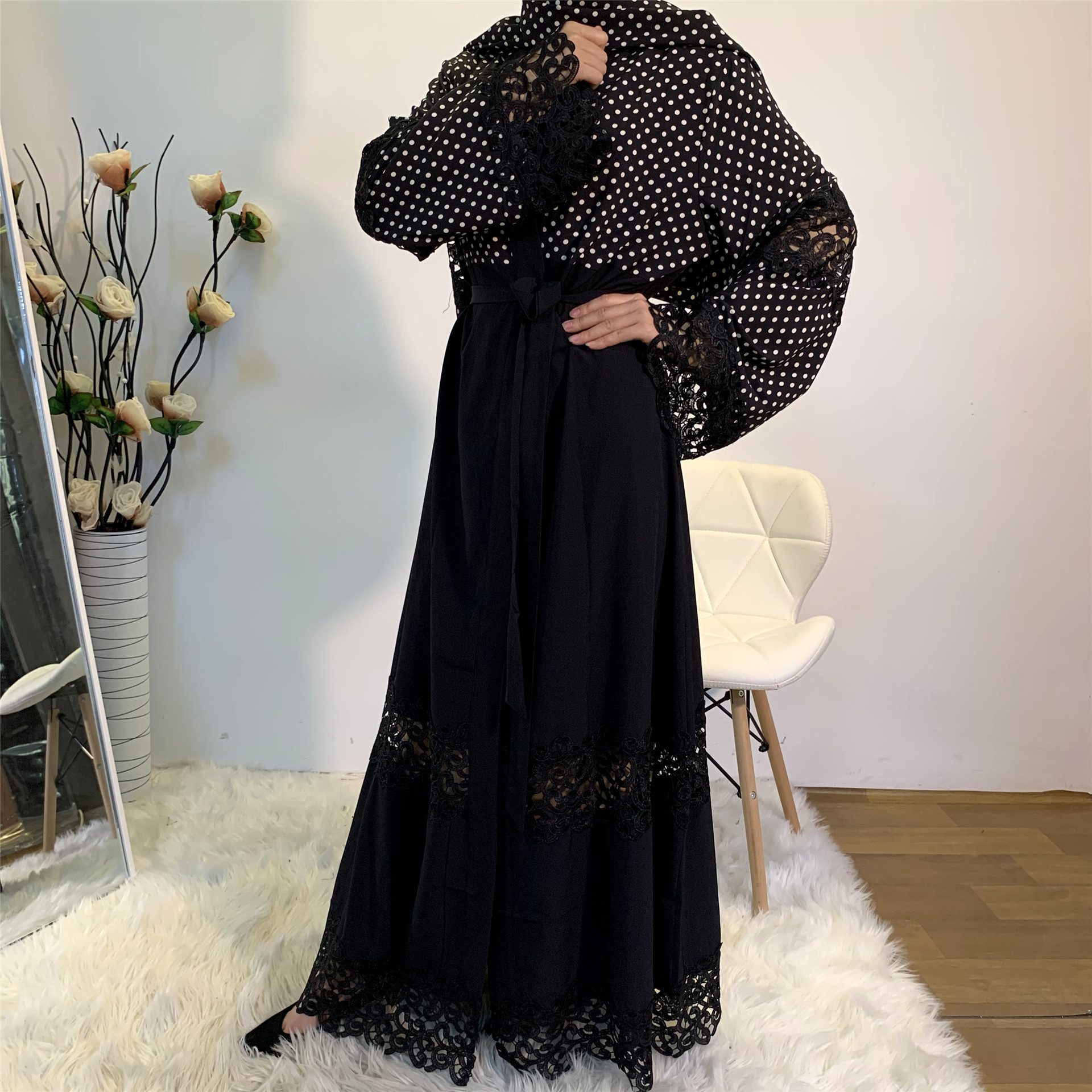 New Fashion Black Lace Stitching Polka Dot Turkish Islamic Cardigan Muslim Abaya