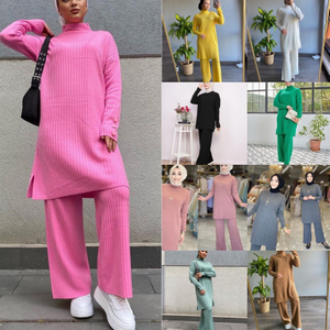  Modest Two Piece Women Top Islamic Clothing 2pieces Suit Maxi Burka Kurti Dubai 2022 Printing Prayer Thobe Pants Muslim Blouse Set