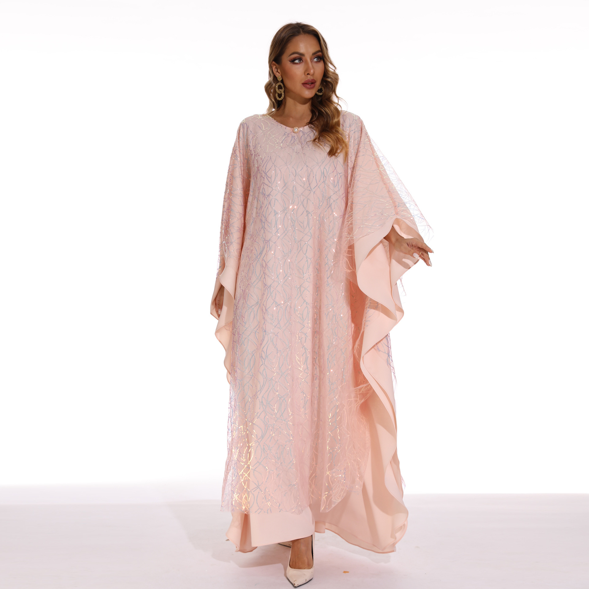 2022 Muslim Bat Sleeve Long Double-sided Pink Chiffon Sequin Elegant Robe