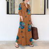 2022 Muslim Plus Size Women's Cotton And Linen Printing Lapel Long-sleeved Pockets Simple Loose Literary Leisure Long Shirt Dress