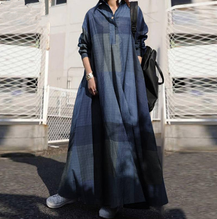 2022 Muslim Cotton And Linen Dress Retro Ethnic Clothes Printed Loose Long-sleeved Large Swing Dress