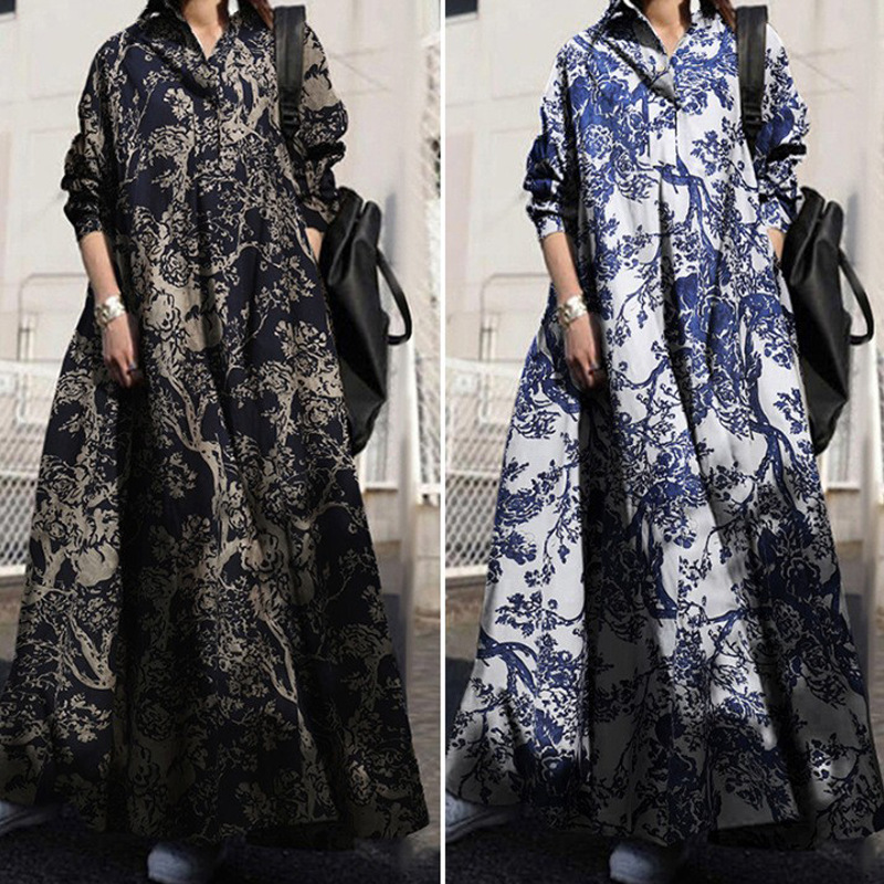 2022 Plus Size Women's Amazon Autumn Print Cotton And Linen Dress Retro Ethnic Clothes Loose Long-sleeved Large Swing Dress