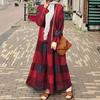 2022 Muslim Spring Cotton And Linen Literary Retro Dark Grid Loose Big Swing Long Sleeve Dress
