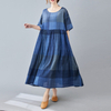2022 Summer Check Pattern Plus Size Women's Retro Ethnic Style Clothes Casual Cotton Loose Big Swing Dress Long Skirt