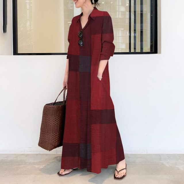 2022 Muslim Plus Size Women's Cotton And Linen Dark Grid Printing Long-sleeved Simple Loose Casual Long Shirt Dress