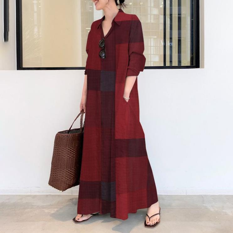 2022 Muslim Plus Size Women's Cotton And Linen Dark Grid Printing Long-sleeved Simple Loose Casual Long Shirt Dress