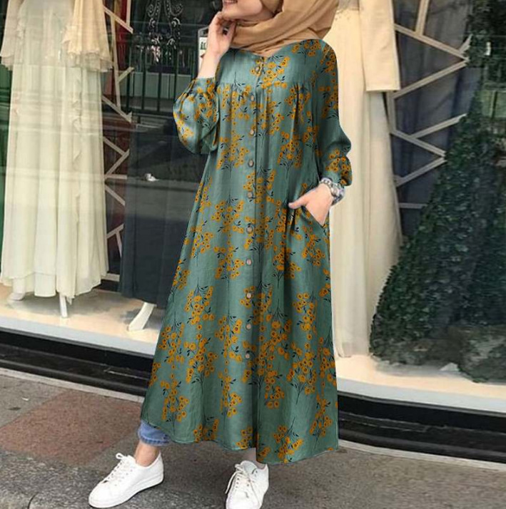 2022 Muslim Plus Size Women's Clothing Wholesale Printed Cotton Temperament Commuter Long-sleeved Loose-fitting Dress