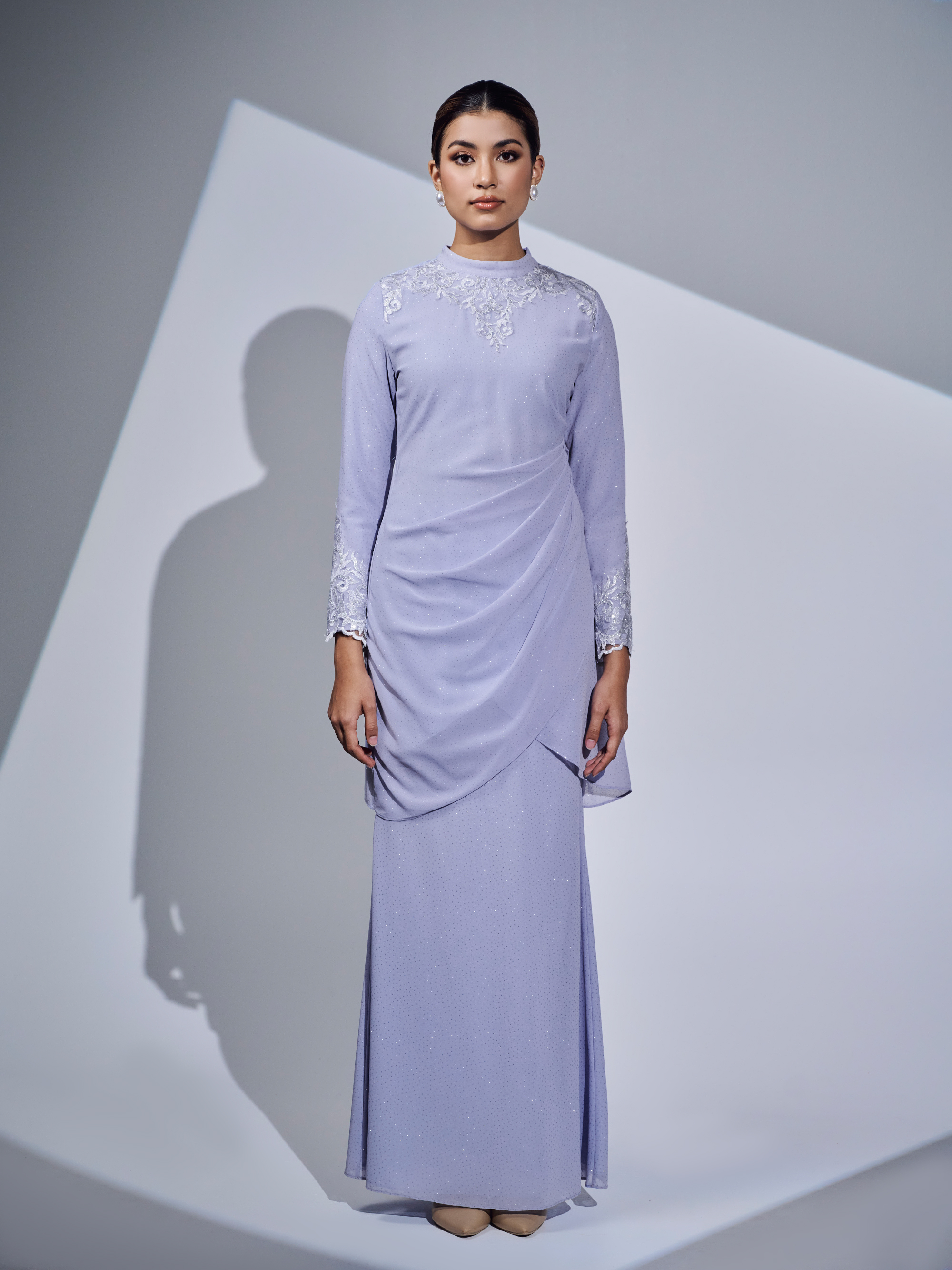 SIPO Custom ODM OEM Round Neckline Sequin Lace and Mini Puff Shoulder Malaysia Baju Kurung Women Dress