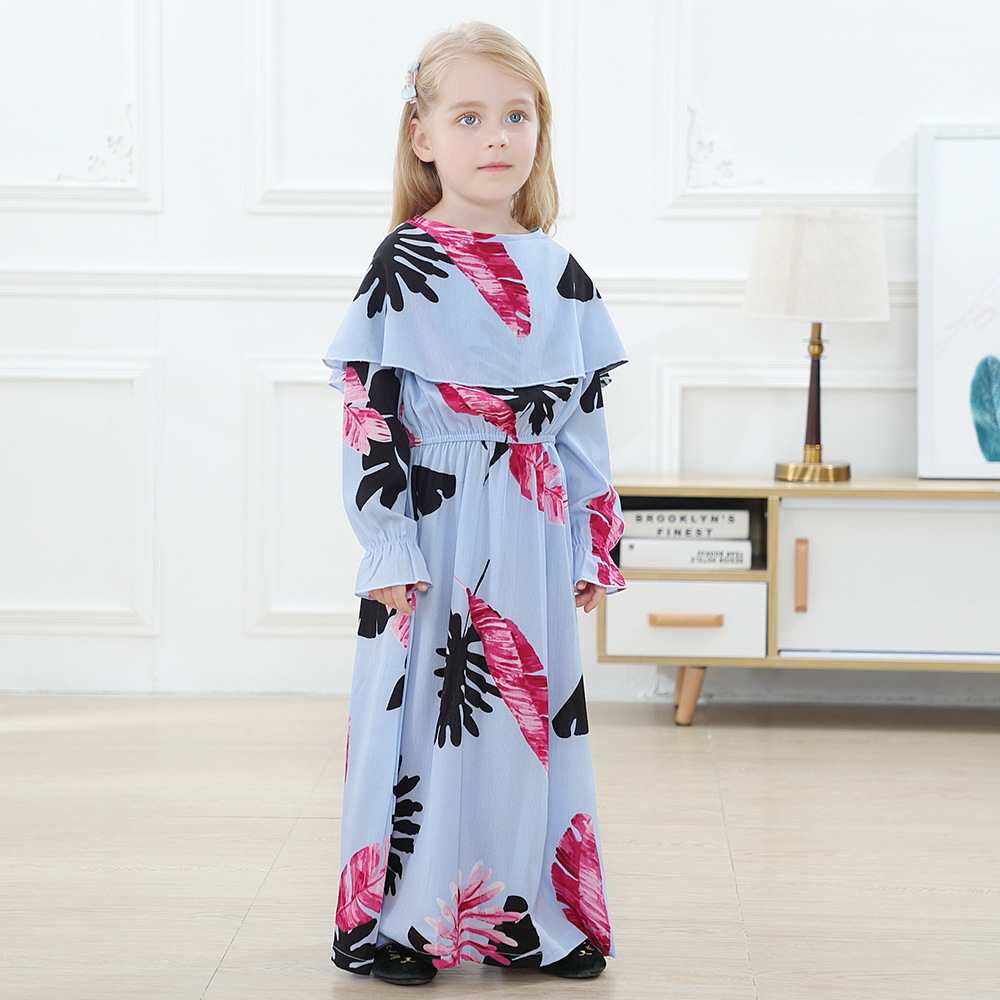 Ruffle Floral Digital Printing Kid Child Modest Abaya Muslim Islamic Maxi Dress