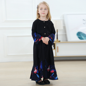 Match Button Flare Sleeve Kid Child Modest Muslim Islamic Abaya Maxi Dress