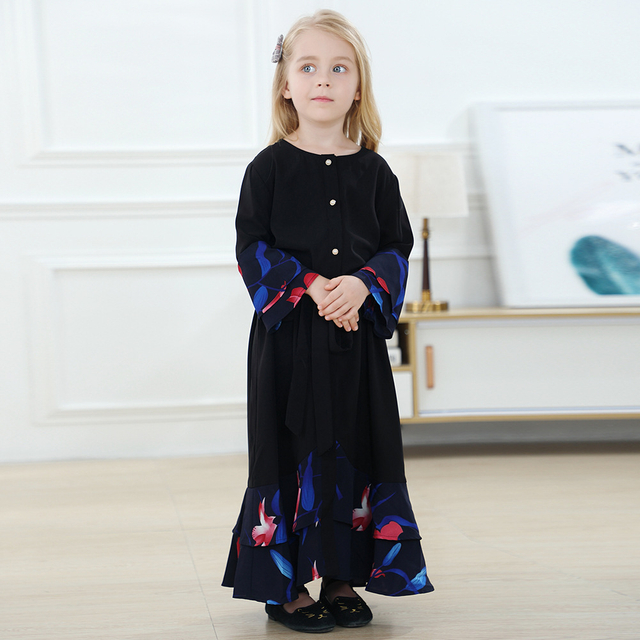 Match Button Flare Sleeve Kid Child Modest Muslim Islamic Abaya Maxi Dress