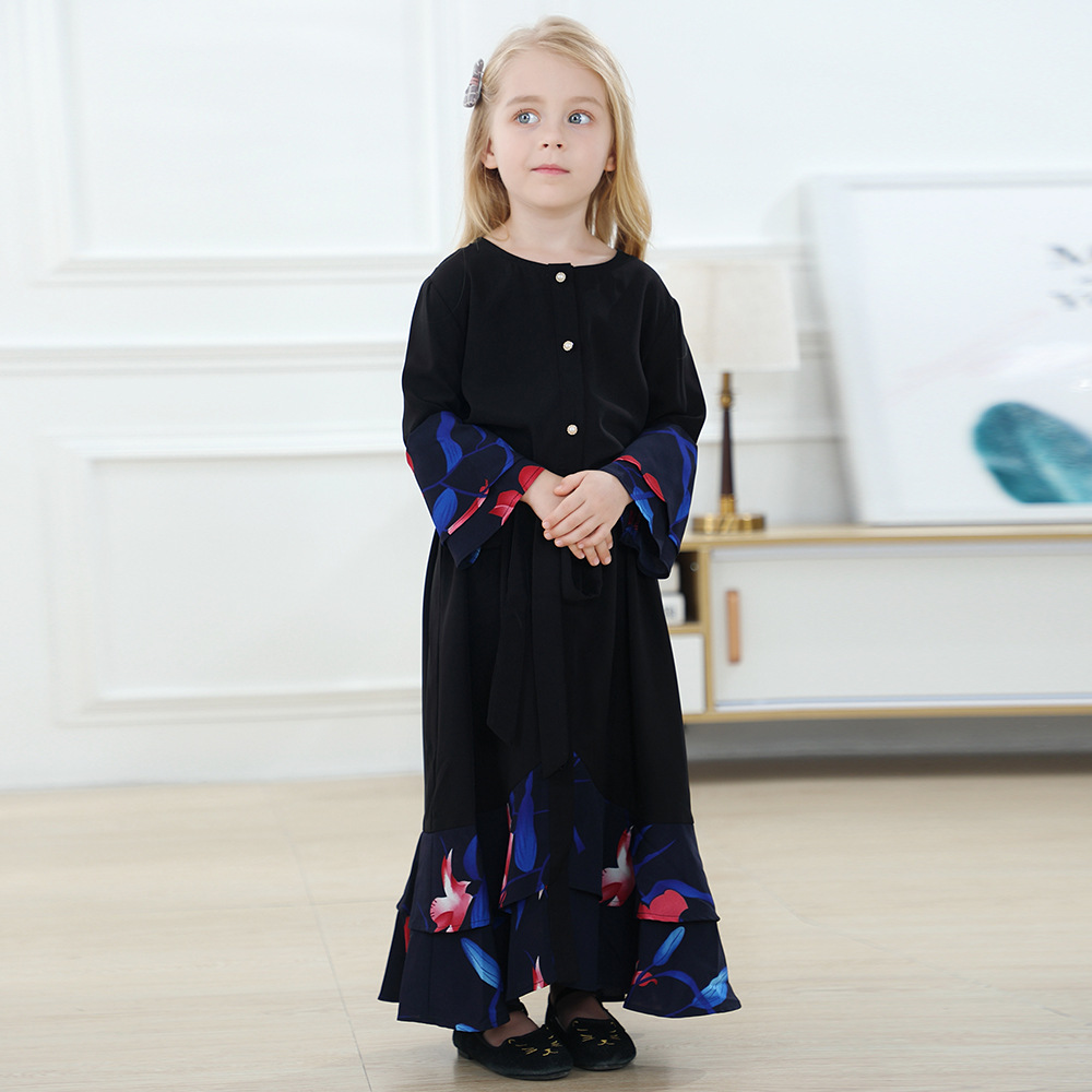 Match Button Flare Sleeve Kid Child Modest Muslim Islamic Abaya Maxi Dress