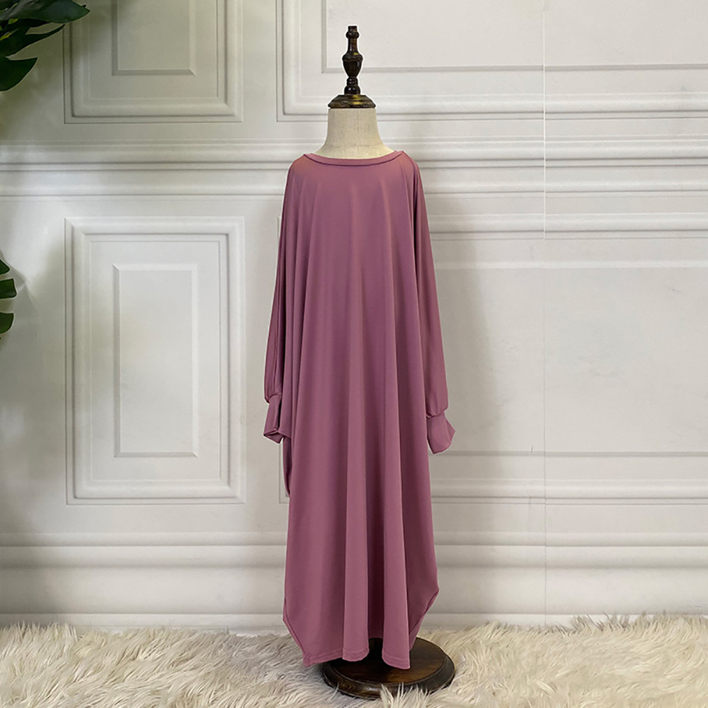 Middle East Pure Color Bat Sleeve Child Kid Modest Muslim Islamic Abaya (5)