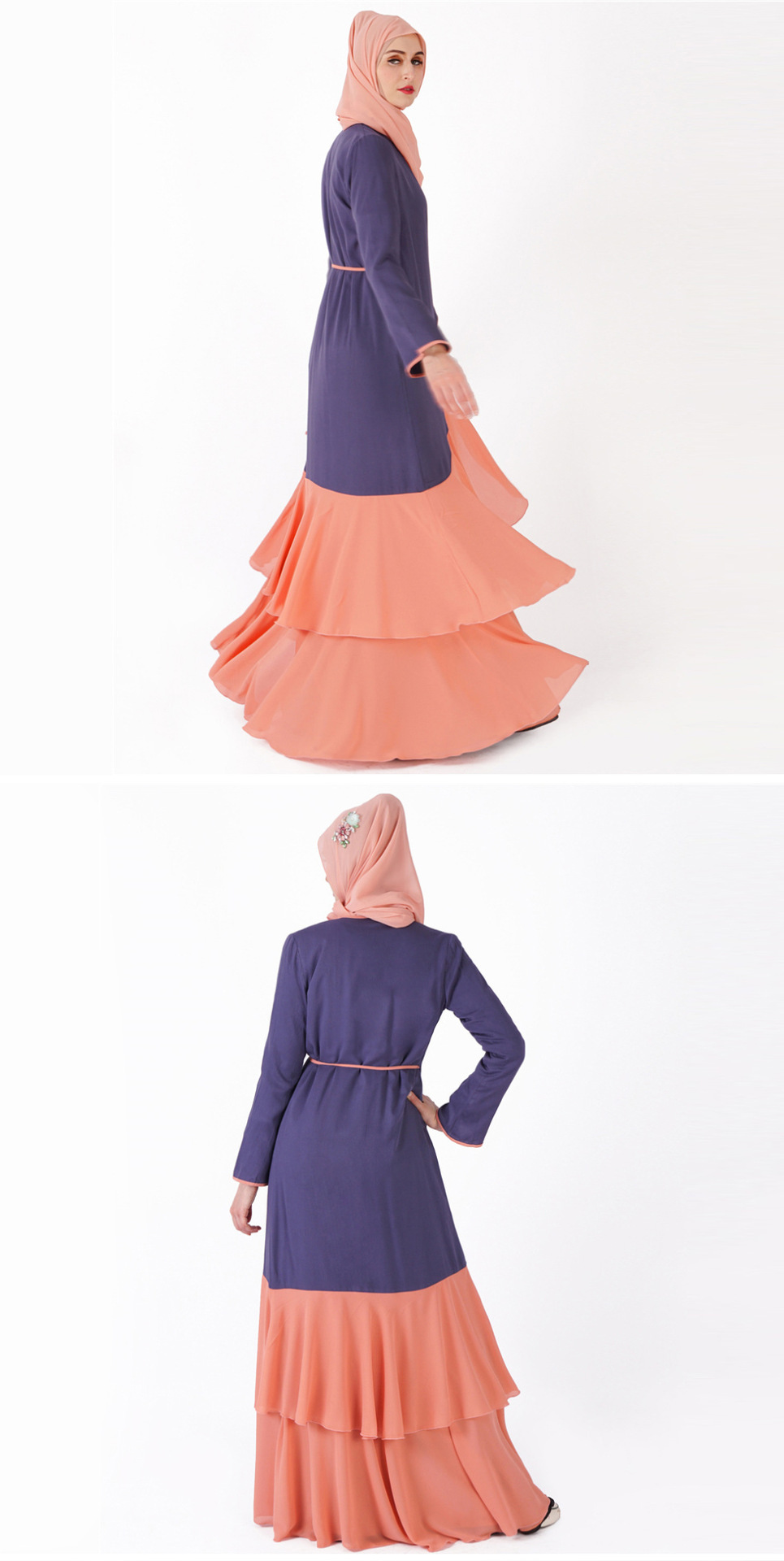 Cotton Long Sleeve Maxi Muslim Clothing Dress Abaya with Pearl Chiffon Fabric (1)