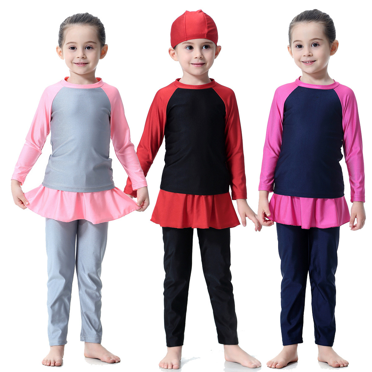 Kids Color Stitching Long Sleeve Islamic Muslim Three-Piece Swimsuit Swimwear