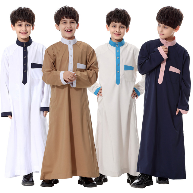 Arabic Wholesale High Neck Traditional Breathable Long Sleeve Muslim Islamic Kids Clothing Boys Thobe