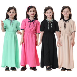 Solid Color Crew Neck Breathable High Elastic Muslim Islamic Kids Clothing Dress Girls Abaya