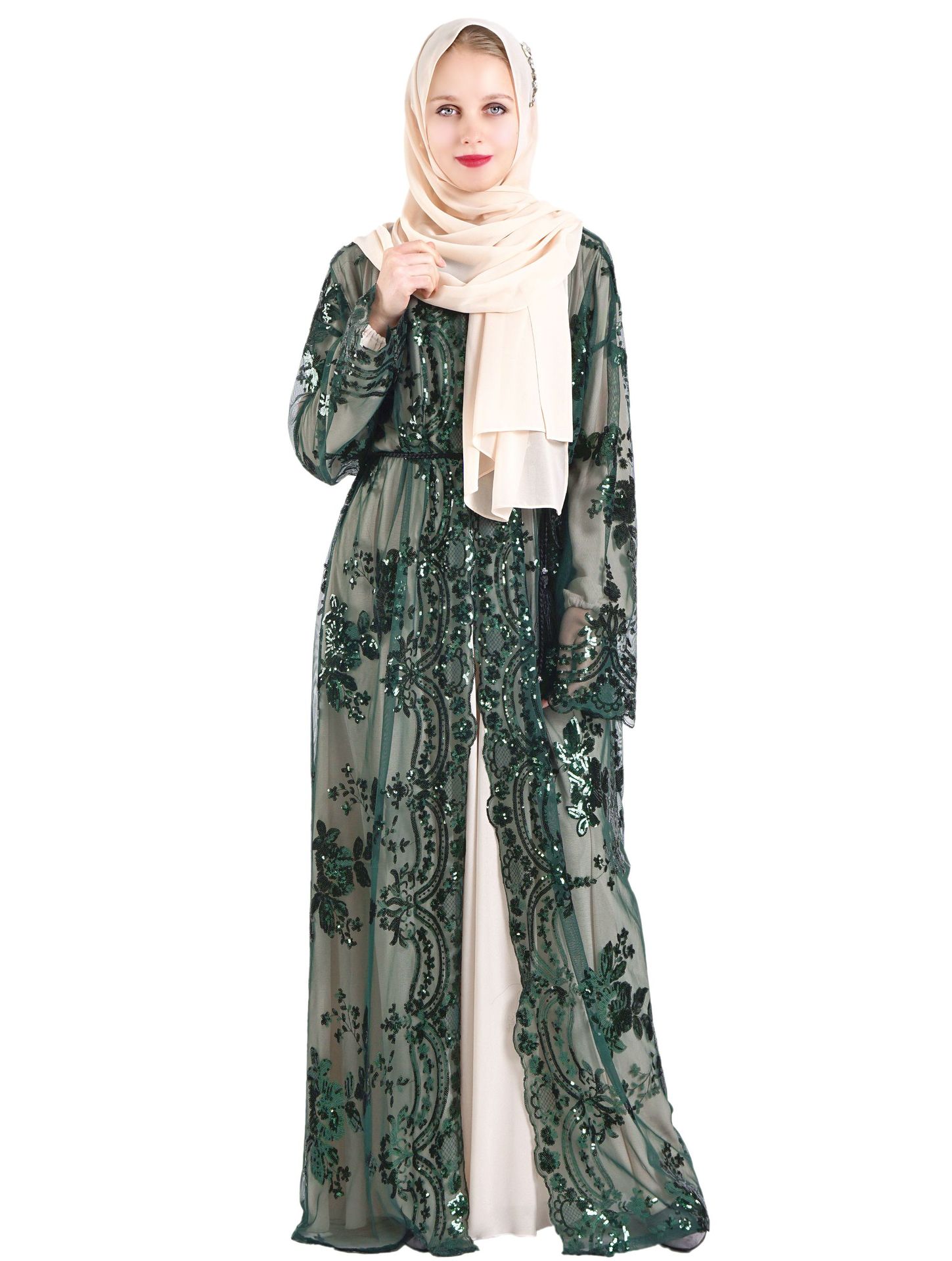 Floral Sequined Round Neck Kimono Muslim Dubai Maxi Robes Dresses Front Open Abaya (11)