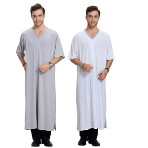 Arabian V-Neck Highly Elastic Jubba Breathable Short Sleeve Muslim Islamic Clothes Robe Men Thobes