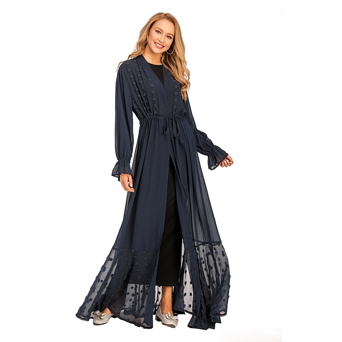 New Fashionable Turkish Islamic Cardigan Robe Slim Slim Waist Waist Muslim Open Abaya (8)