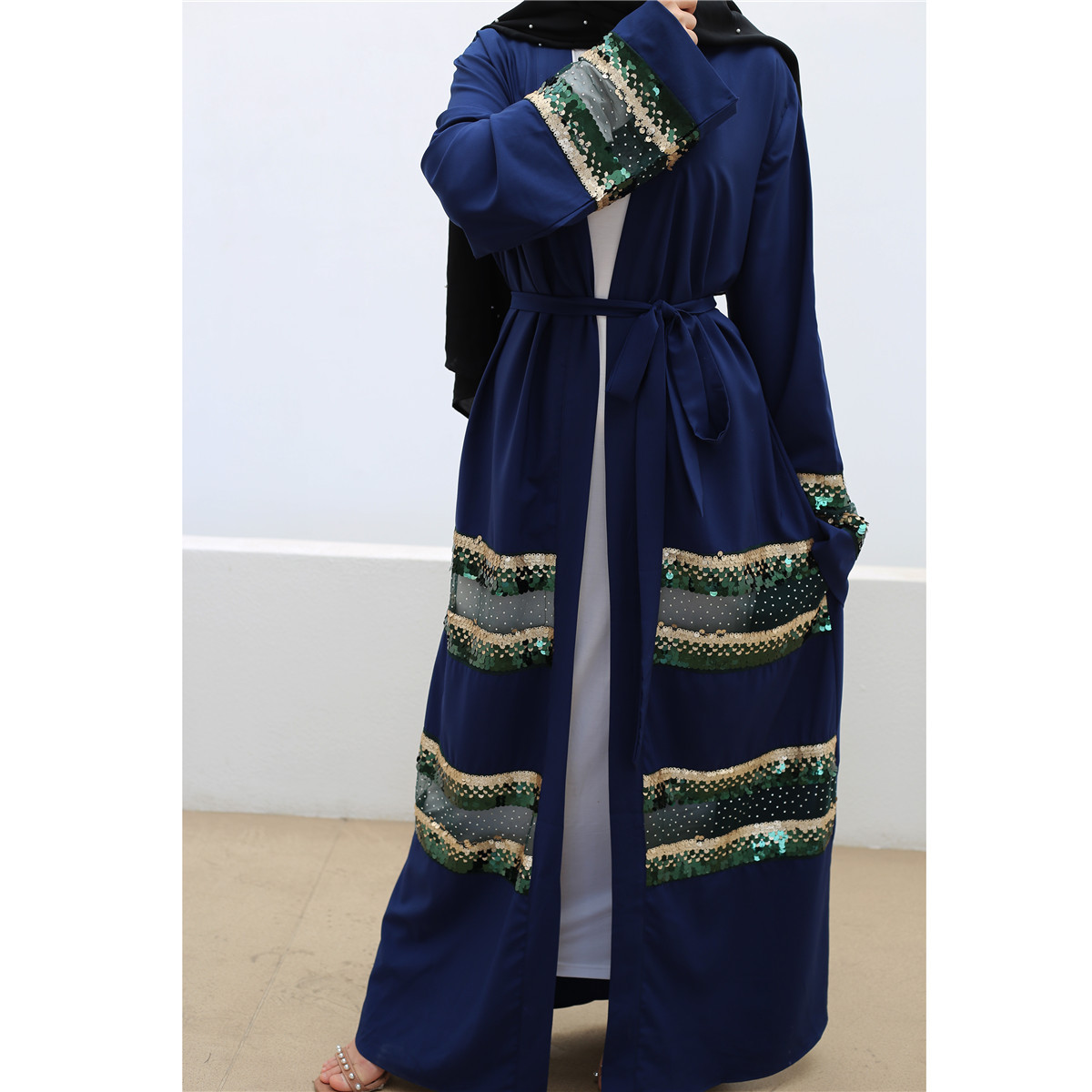 New Muslim Abaya Fashion Sequin Stitching Dubai Turkish Modest Cardigan Open Abaya (18)