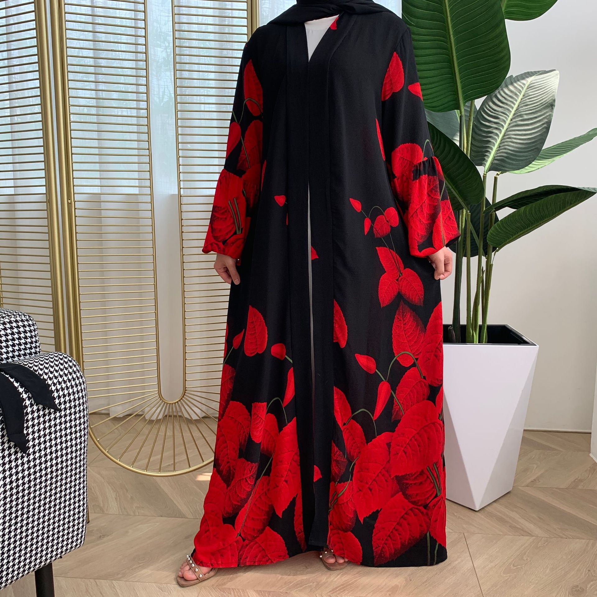 Middle Eastern Arab Print Lantern Sleeve Cardigan Muslim Modest Open Abaya