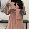 Modest Women's Mesh Fabric Stitching Beading Muslim Cardigan Open Abaya