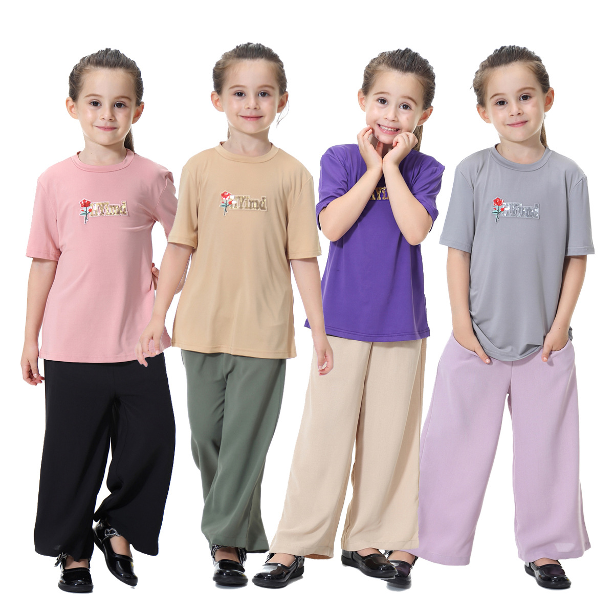 Fashion Short Sleeve Islamic Children Clothing Muslims Kids Clothes Pants Shirt Set For Girls
