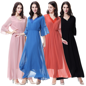 Turkey Design V-Neck Double Chiffon High Elastic Long Sleeves Muslim Islamic Women Abaya Dress Clothing