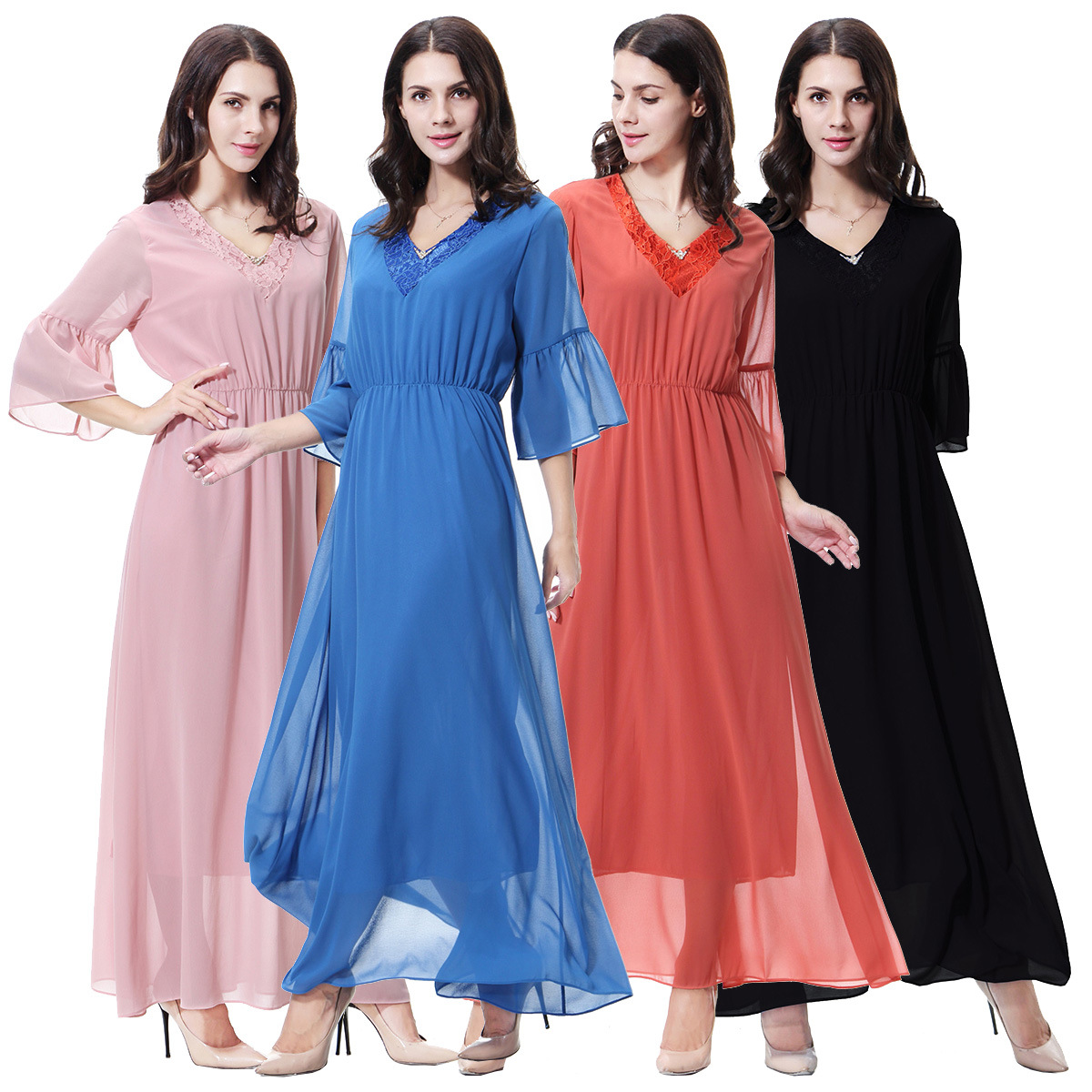 Turkey Design V-Neck Double Chiffon High Elastic Long Sleeves Muslim Islamic Women Abaya Dress Clothing