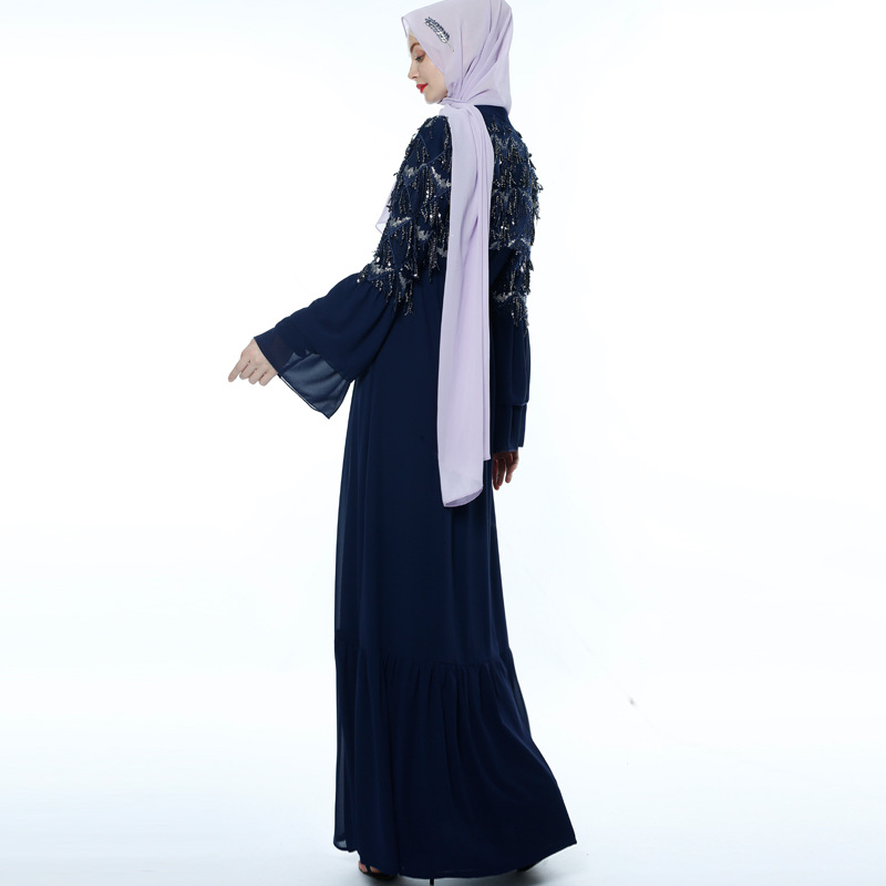 Islamic Sequin Tassel Chiffon Outer Flared Sleeve Female Muslim Maxi Dress (7)