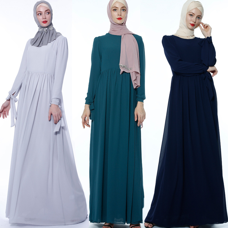 Ramadan New Modest Turkish Muslim Maxi Dress Chiffon Bow Sleeve Sleeve Abaya