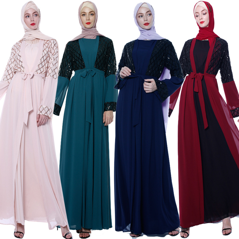 Sequin Stitching Outer Robe Dubai Muslim Women's Chiffon Cardigan Modest Kimono