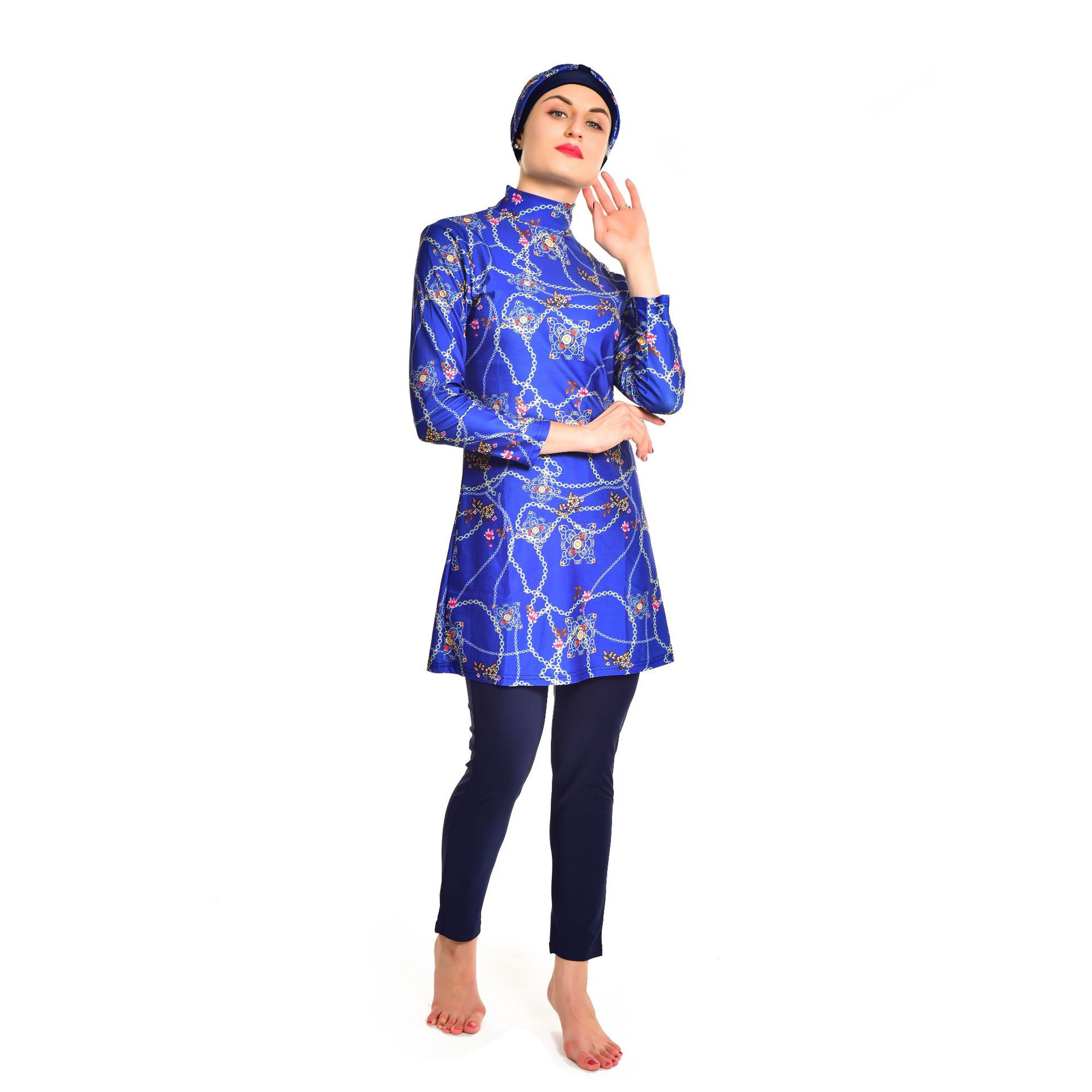 Muslim Plus Size Slim High Elastic Tight-fitting Long-sleeved Swimsuit Three-piece Printed Swimsuit (9)