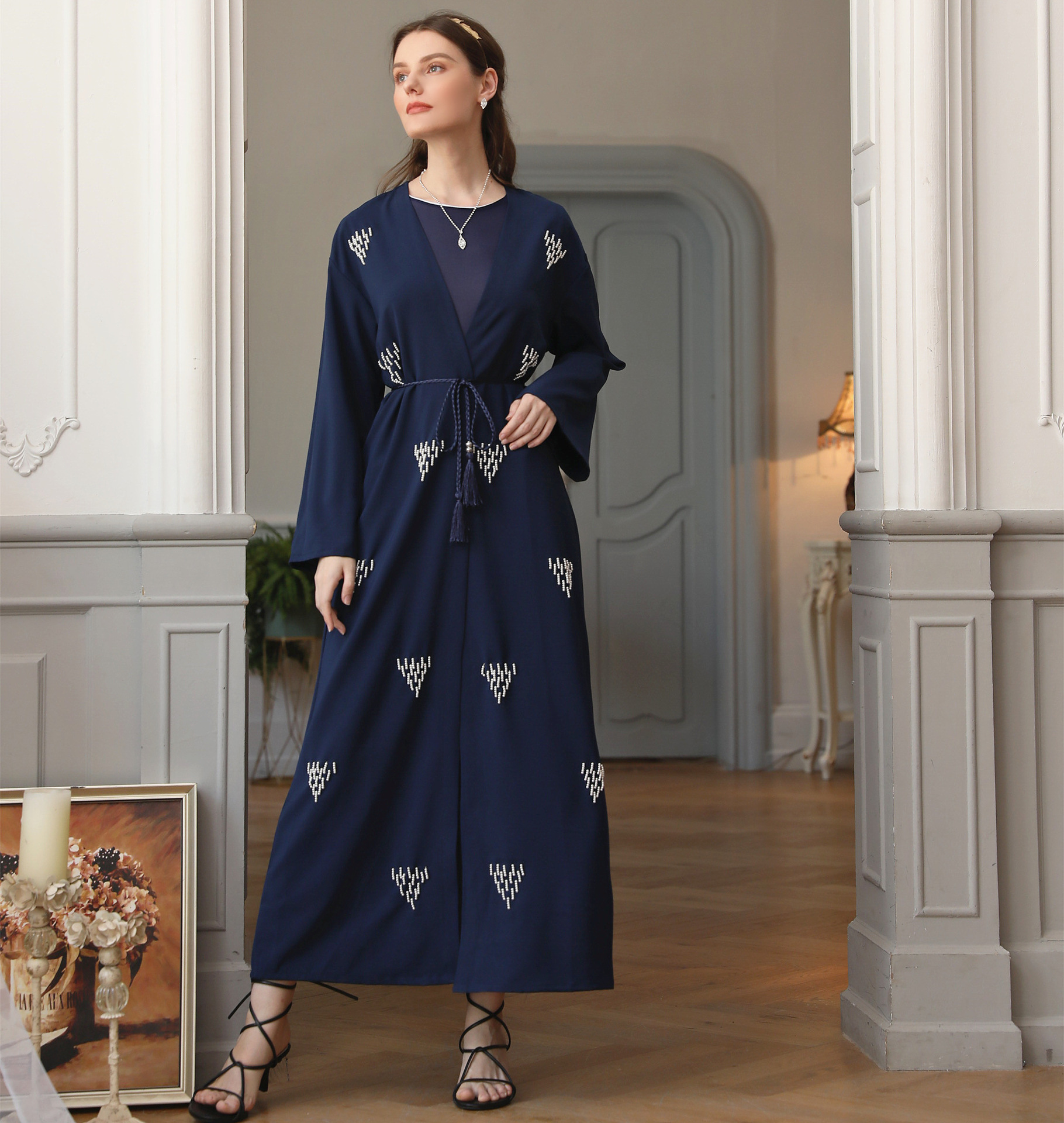 Amazon Hot Sale Handmade Pearls Muslim Islamic Open Abaya Kimono Maxi Dress