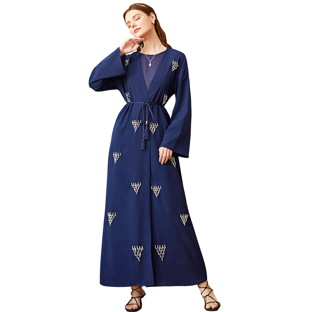 Amazon Hot Sale Handmade Pearls Muslim Islamic Open Abaya Kimono Maxi Dress (12)