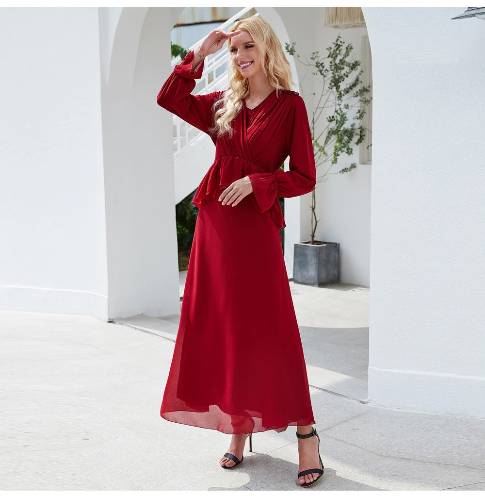 Middle East Double Layers Chiffon Puff Sleeve Muslim Islamic Abaya Folds