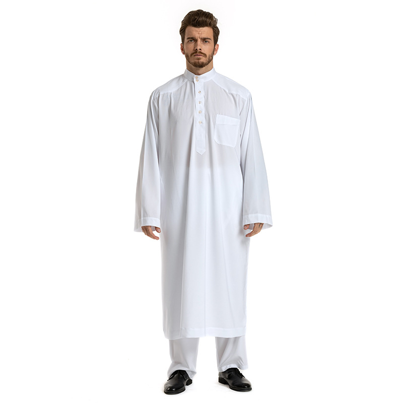 Middle East Pocket Pure Clolor Modest Muslim Islamic Round Collar Man Thobe (7)