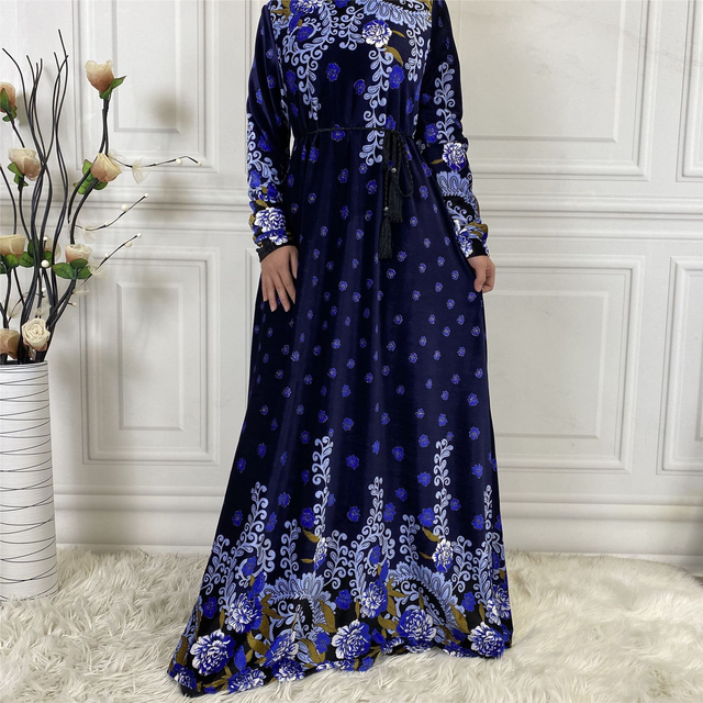 AliExpress Amazon Middle East Fashion Women's Fall/Winter High Quality Gold Velvet Printed Long Sleeve Dress