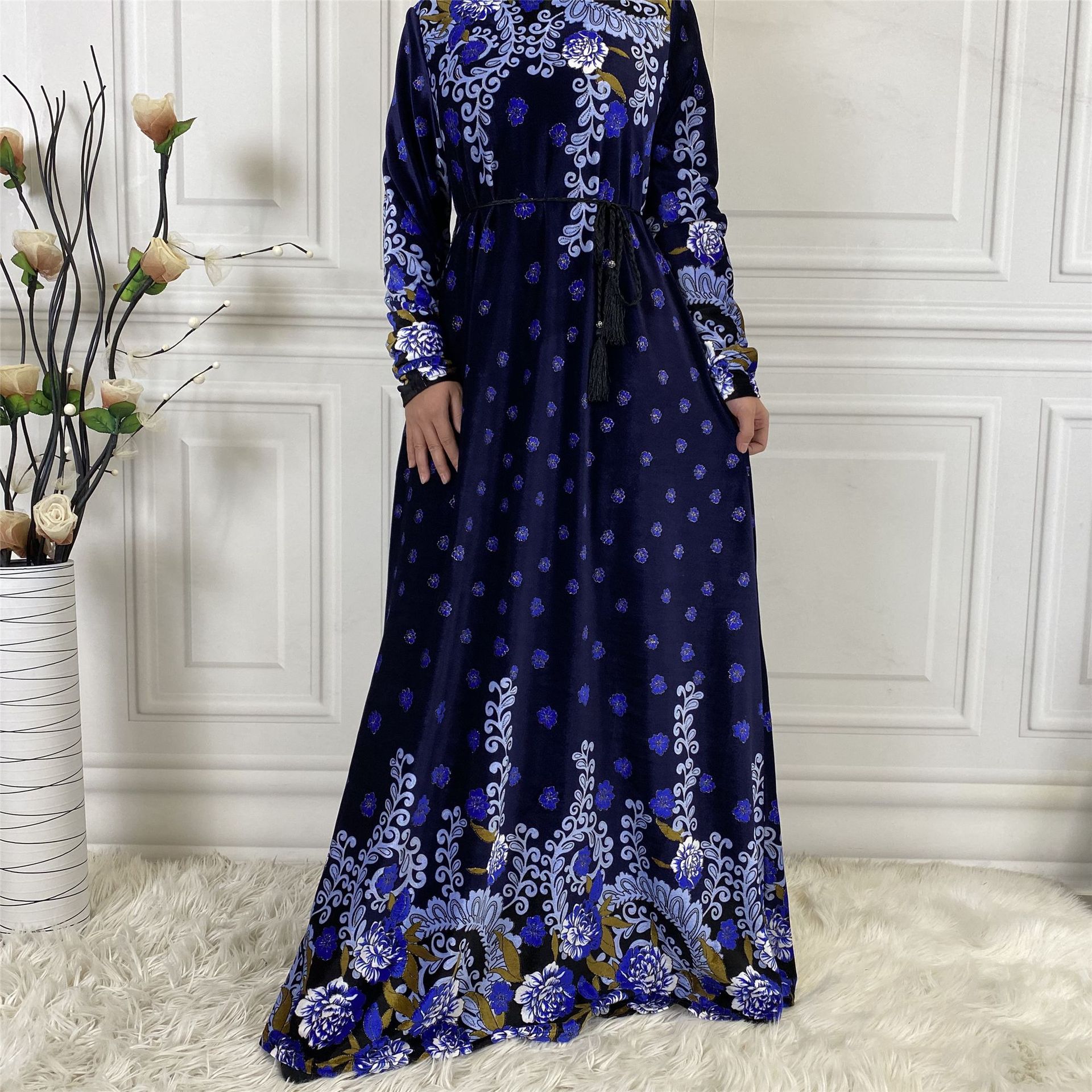 AliExpress Amazon Middle East Fashion Women's Fall/Winter High Quality Gold Velvet Printed Long Sleeve Dress