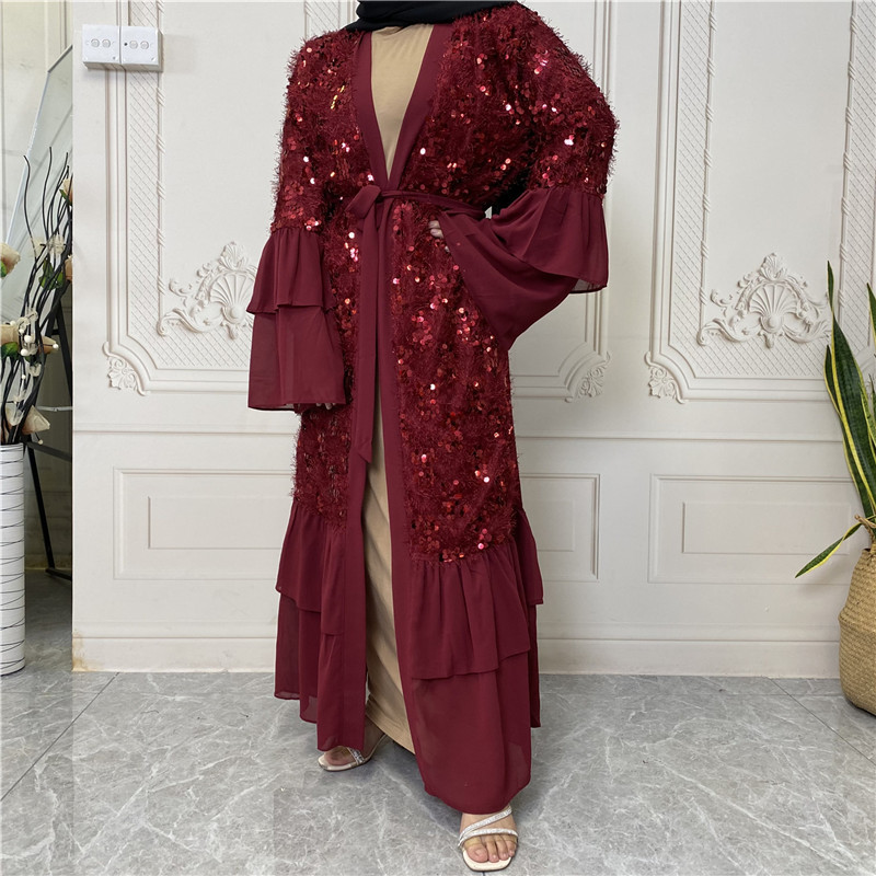 AliExpress Amazon Hot Sale New Sequined Chiffon Trumpet Sleeve Muslim Cardigan