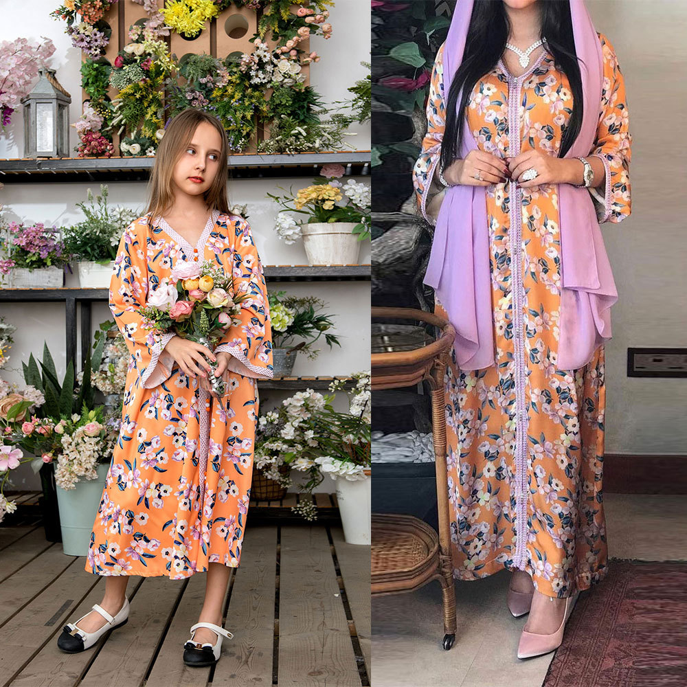  Dubai Fashion Fabric Borka Wholesale Muslim Dress Modest Kaftan Islamic Clothing Open Kids Child Embroidery Kimono Abaya