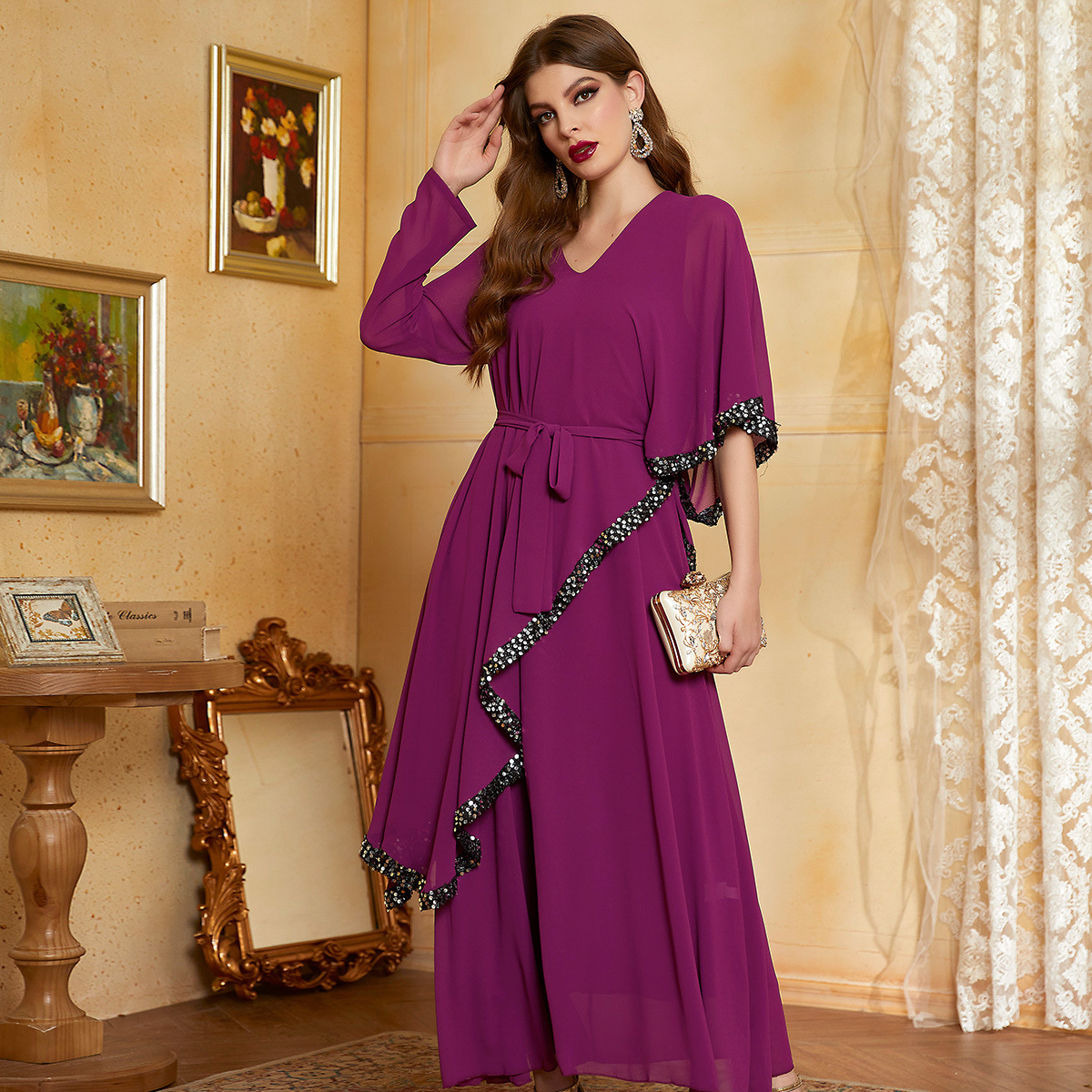 Sequin Chiffon Dubai Modest Fashion Best Selling Islamic Muslim Robe Maxi Dresses Loose Abaya