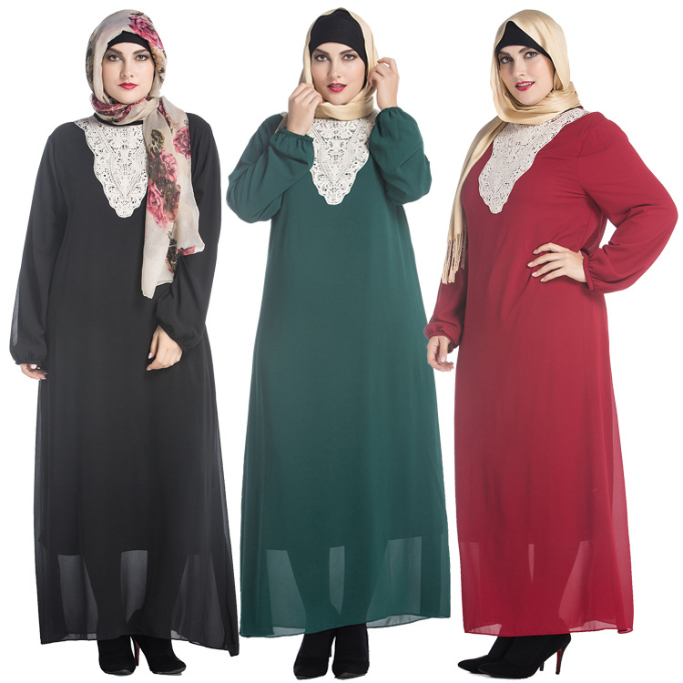 Fashion Chest Applique Malaysia Arab Muslim Robe Plus Size Long-sleeved Dress Women