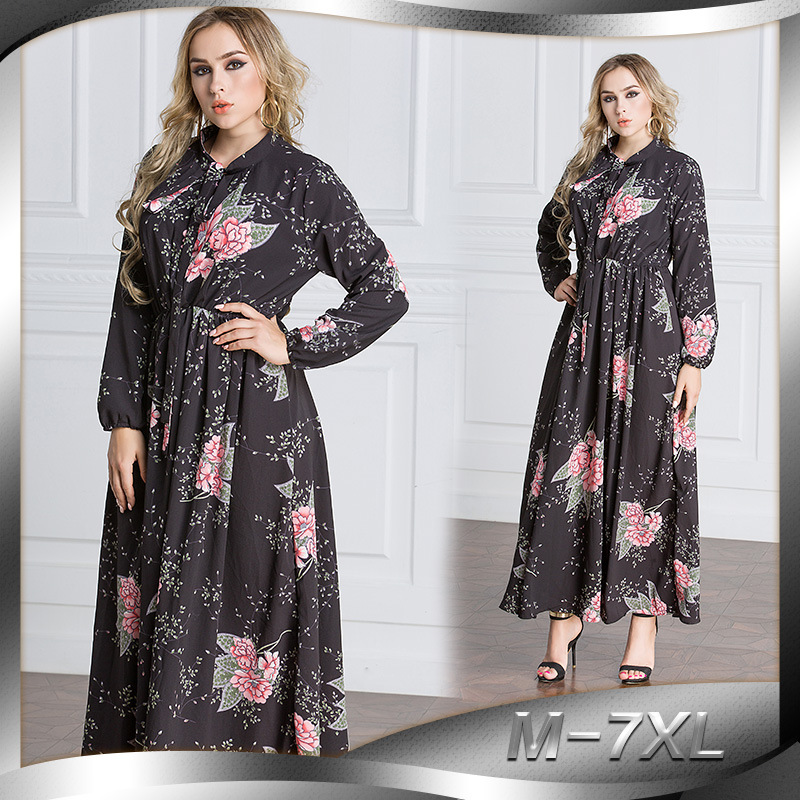 New European and American plus size autumn and winter chiffon long-sleeved printed waist and large swing floor mopping dress