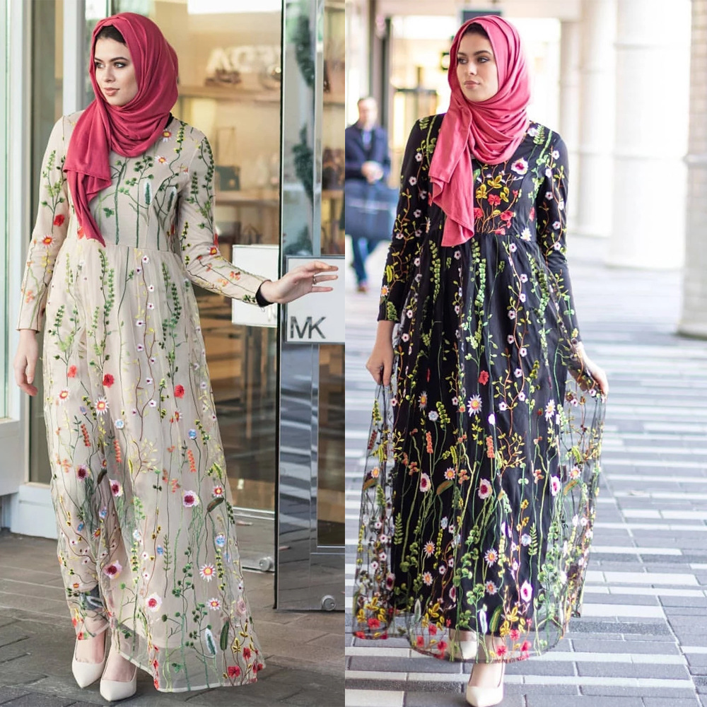 Ins Hot Sale Net Celebrity European And American Women's Fashion Mesh Flower Embroidery Dress Muslim Dress