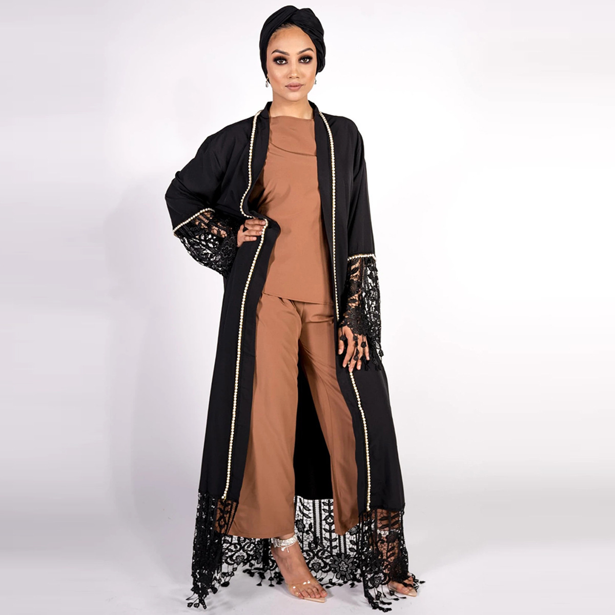 Middle Eastern Muslim Fashion Beaded Lace Hollow Lace Stitching Cardigan Tassel Robe