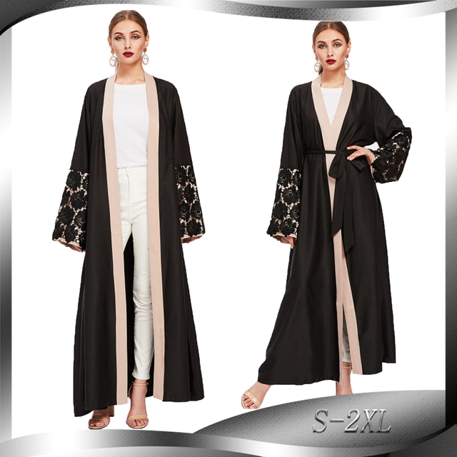 Foreign Trade Hot Style Lace Cuff Stitching Long-sleeved Loose Large Size Lace Cardigan Robe Muslim