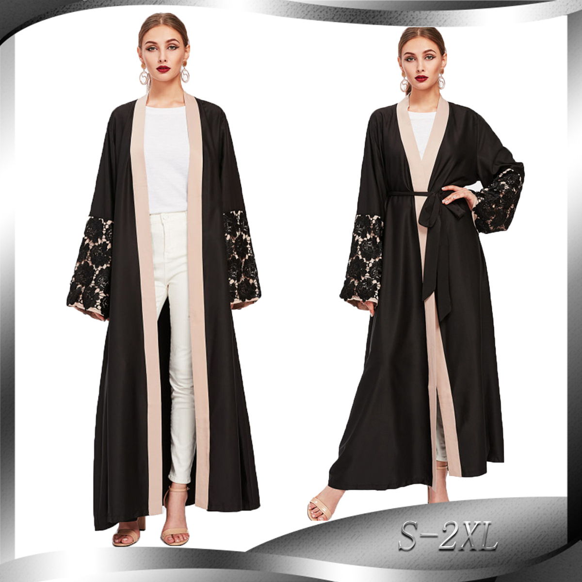 Foreign Trade Hot Style Lace Cuff Stitching Long-sleeved Loose Large Size Lace Cardigan Robe Muslim
